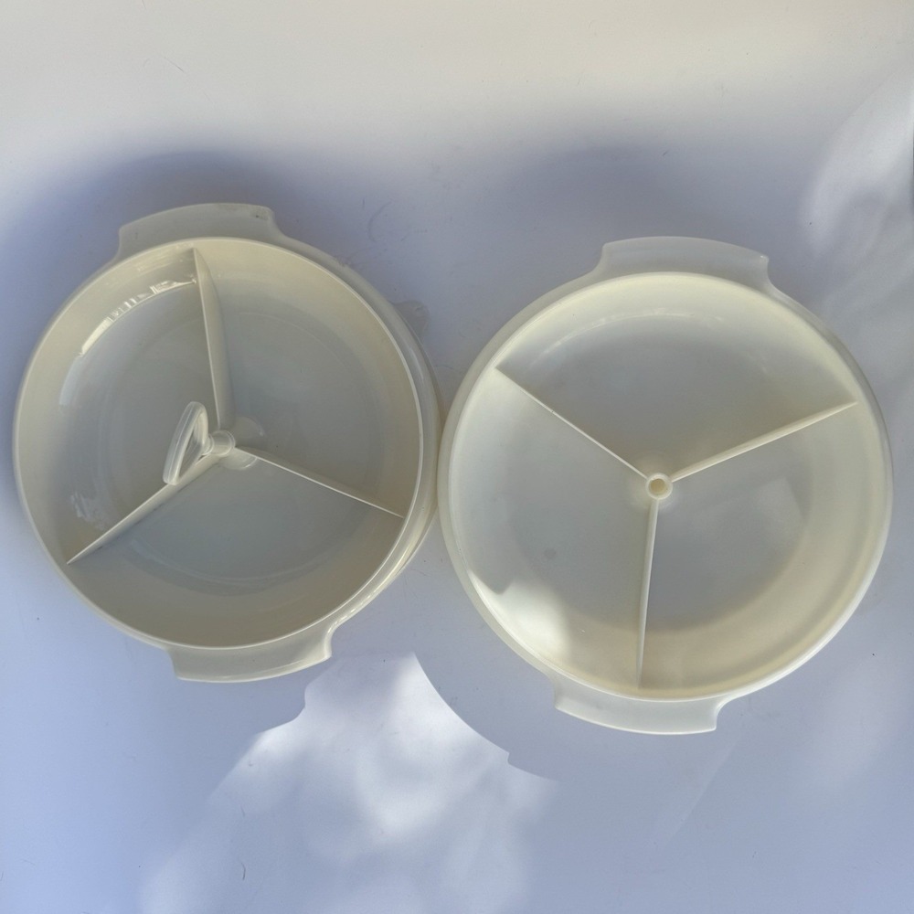 VTG 70s Tupperware Relish Divided Trays W Lids (2) 608-2 608-9 Almond Party
